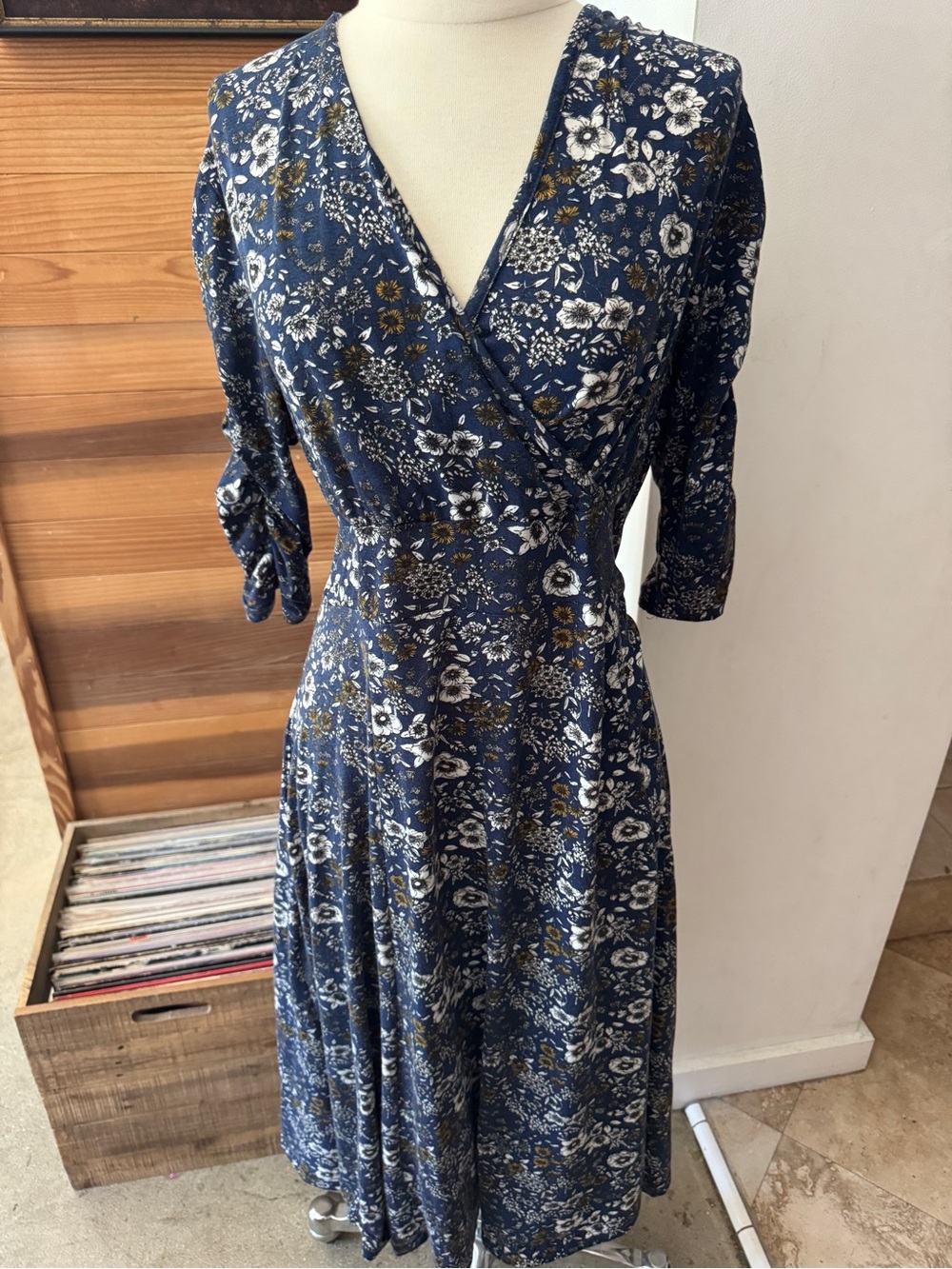 YOINS Navy Blue Floral Midi Dress